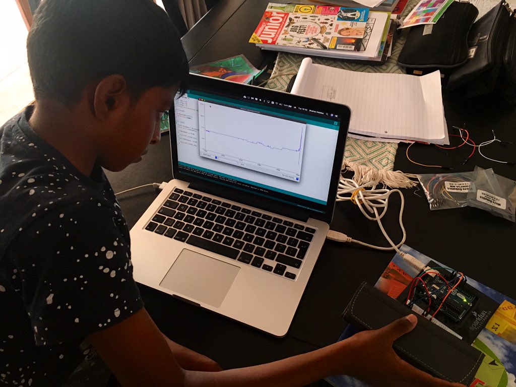 Day 5: 9yo set up proximity sensors and got his Arduino code working. Another building block . 6yo decided that his proxy sensor is going to play a recording of the dog barking when someone gets near his stuff . Still a work in progress.