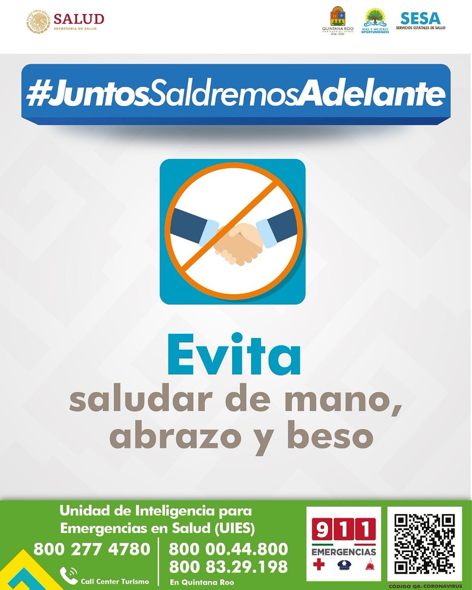 Evita el saludar de mano, beso y abrazo para evitar el contagio de #Coronavirus #COVID19 En #QuintanaRoo #JuntosSaldremosAdelante