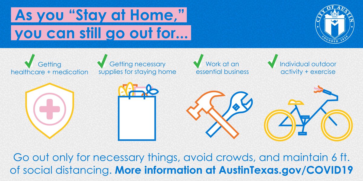 Some essential activities include:
🏥 Getting healthcare + medication
🛒Getting necessary supplies for staying at home
🚶‍♂️ Outdoor activity + exercise
🏢 Work at an essential business
🧓 Caring for others in another household
See more: bit.ly/2WBqfSq. #StayAtHomeATX
(3/5)
