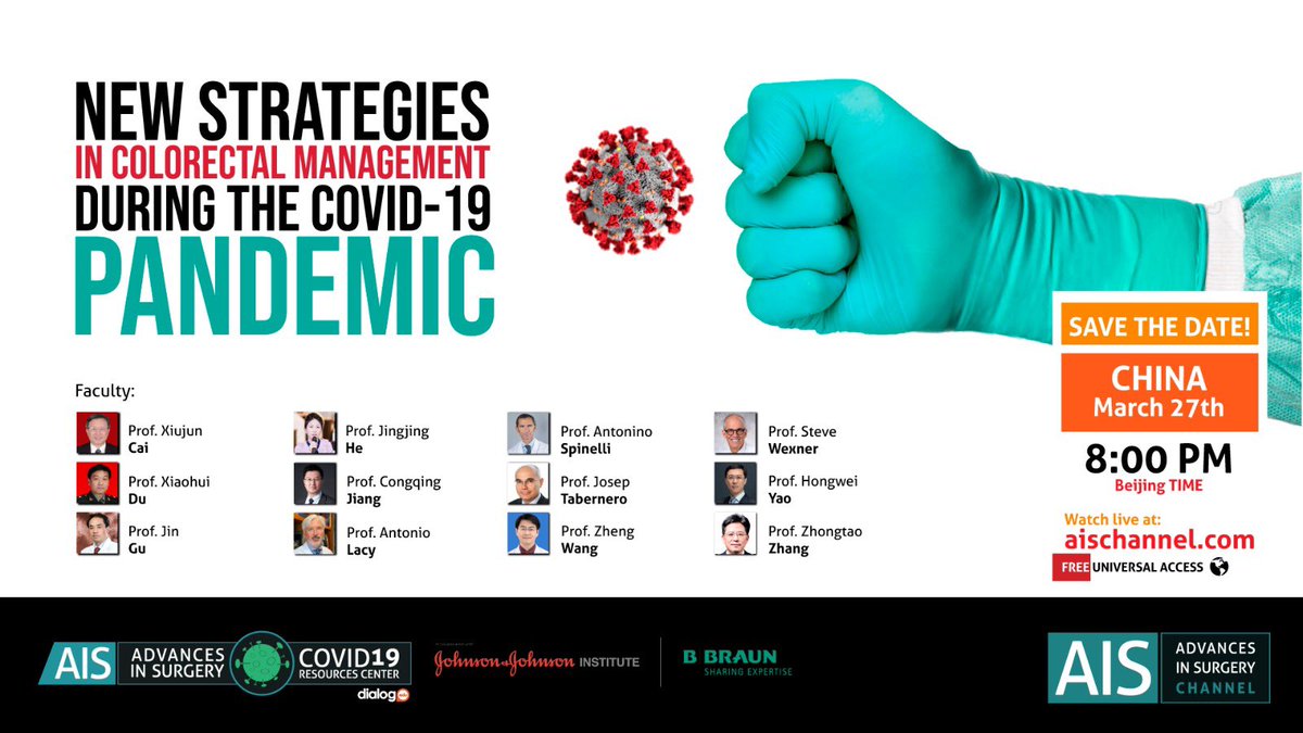 New strategies in colorectal management during COVID19 Pandemic: Chinese Consensus. March 27th worldwide at aischannel.com #FightingAgainstCOVID19 <a href="/AISChannel/">AIS Channel</a> <a href="/SWexner/">Steven D Wexner MD, PhD</a> <a href="/AntoninoSpin/">Antonino Spinelli</a> <a href="/juliomayol/">Julio Mayol</a> <a href="/TaberneroJosep/">Josep Tabernero</a> <a href="/vallhebron/">Vall d'Hebron</a> <a href="/jaapbonjer/">Jaap Bonjer</a> <a href="/venky72/">Venky Munikrishnan</a> <a href="/SamAtallahMD/">Sam Atallah, MD</a> <a href="/uraiqat/">Ahmad Uraiqat MD FRCSI FRCS FACS JBS JBCRS</a>