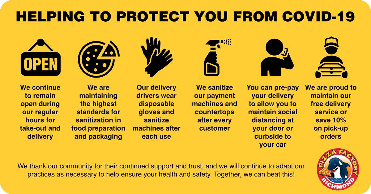 pizzafactoryrmd's tweet photo. The message is clear: stay home if you can, and practice social distancing if you must go out. Pizza Factory Richmond is available for takeout and delivery as usual and are taking every precaution to keep you and our community safe and healthy! https://t.co/yhUrVTWmbl
