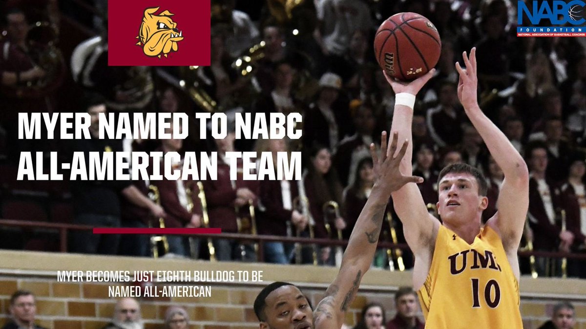 JUST IN: <a href="/UMDBulldogMBB/">UMD Men's Basketball</a>'s Brandon Myer is just the eighth Bulldog to attain All-American Status! Myer was named to the NABC All-American Team! Congrats Brandon!
🐶🏀
Release bit.ly/3drajbl
NABC Release bit.ly/2J9SIGP

#BulldogCountry #NSICMBB