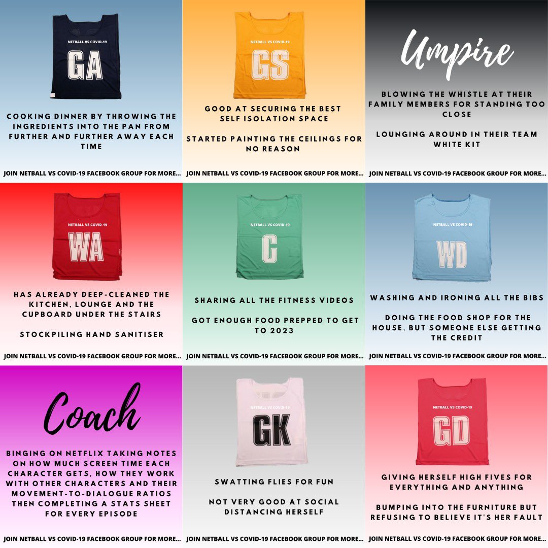 NetballinBerks's tweet photo. Just something to make you smile this evening. Netball roles in quarantine - which one are you? 😂 https://t.co/J8X1DTy30b