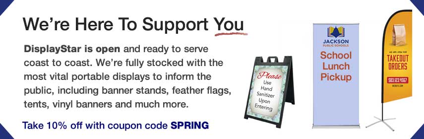 DisplayStar's tweet image. Save big on trade show displays, banner stands, custom printed banners and so much more. Use code SPRING when you check out online, or call 1-866-864-2831 and speak to a customer service representative.