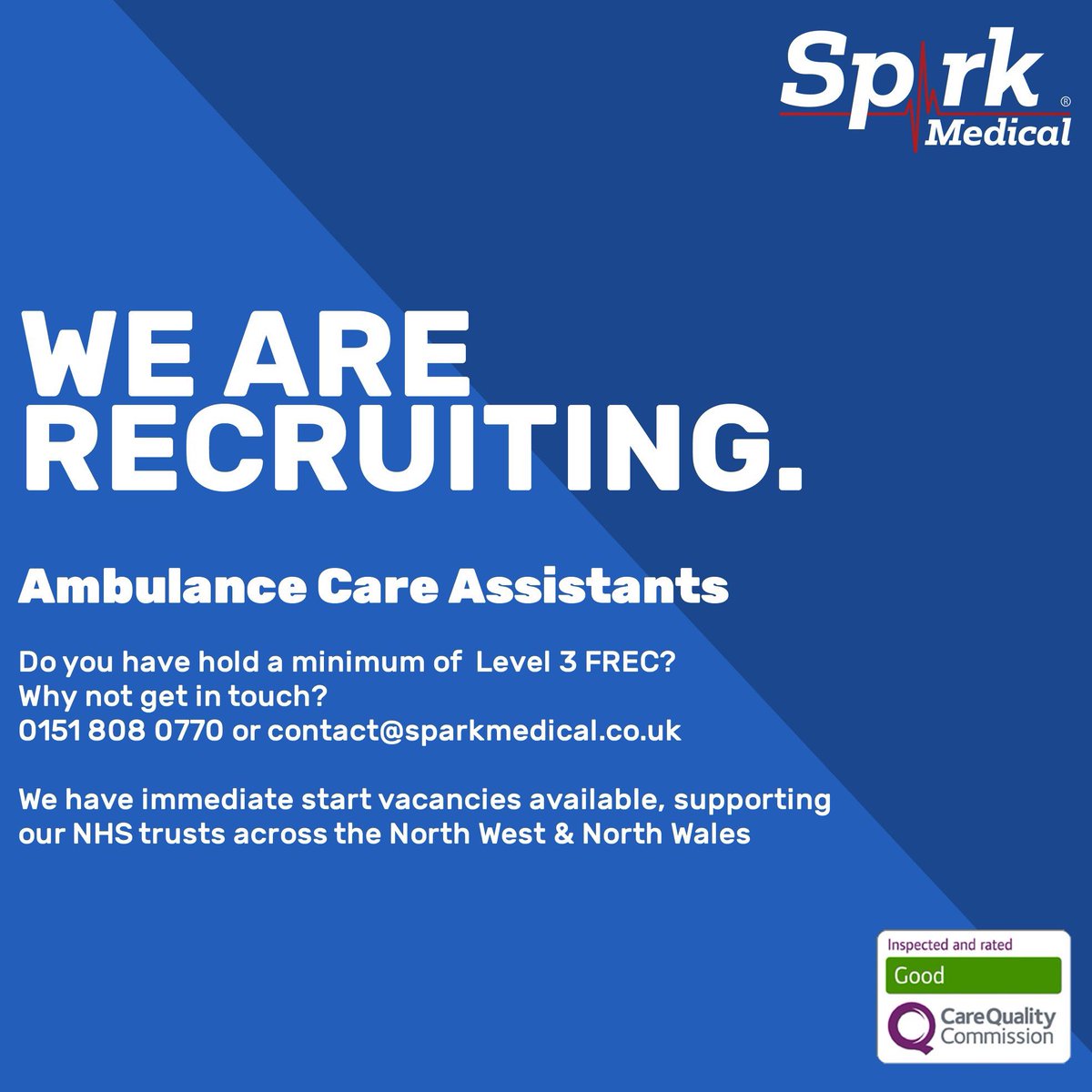 spark_medical's tweet image. We are looking to recruit staff with existing ambulance experience. 

We have a range of hours available to suit individual needs/availability.

You would be  required to assist with discharges from hospitals, taking patients in/out of hospital for essential appointments!