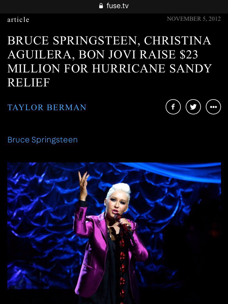 In 2012 Christina Aguilera led the star-studded line-up at a telethon in aid of the victims of Storm Sandy. Helping to raise $23 Million for hurricane Sandy relief.