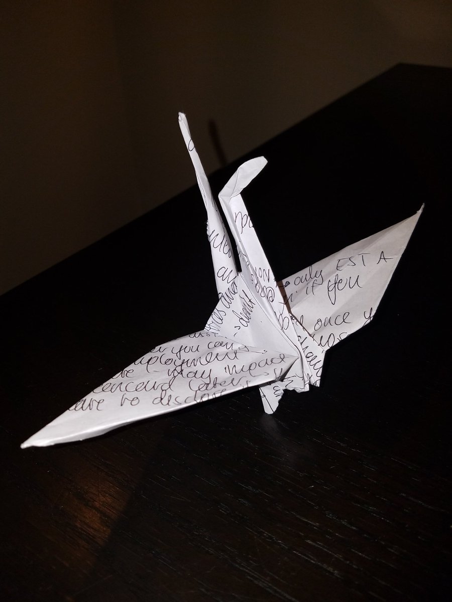 VicHenley's tweet image. Pandemic+scrap paper+too much free time=paper cranes while blindfolded #49hours #stayedfocused #cabinfever