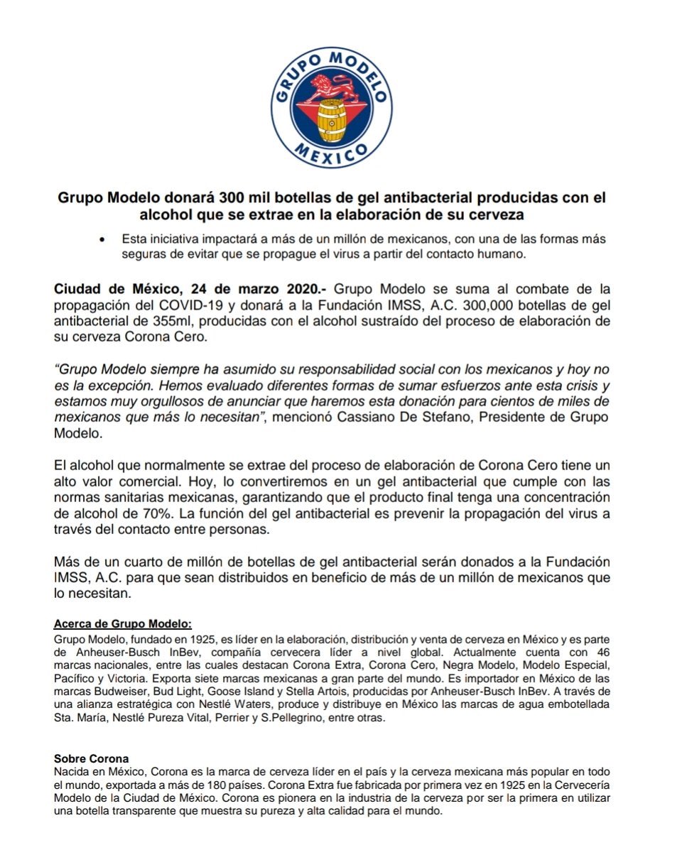 LupitaJuarezH's tweet photo. Grupo Modelo informó que donará a la Fundación IMSS, A.C. 300 mil botes de gel antibacterial, el cual fue elaborado con el alcohol extraído al producir su cerveza sin alcohol. https://t.co/pIbEPnjeqr