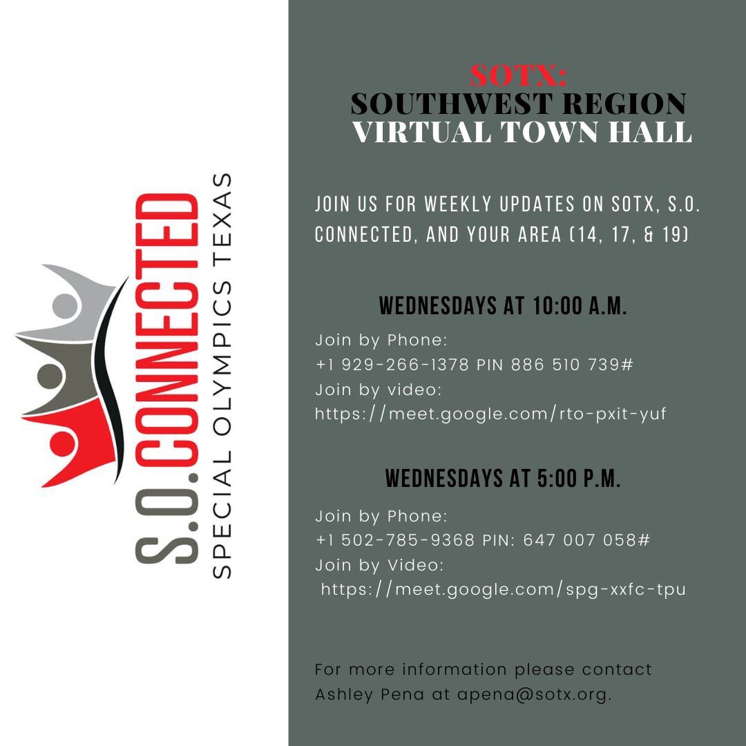 Let’s Chat! Join us every Wednesday for virtual Town Hall Meetings. We will Have updates on #SOTX, #SOConnected, and the impacts of #COVID19. We also want to hear how we can better serve you during this time!