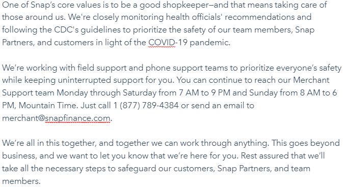 MySnapFinance's tweet photo. Attention all Snap Partners! Read this message from our CEO about how Snap is addressing the COVID-19 pandemic: 

#snapfinance #covid19 https://t.co/KpPXxy095D