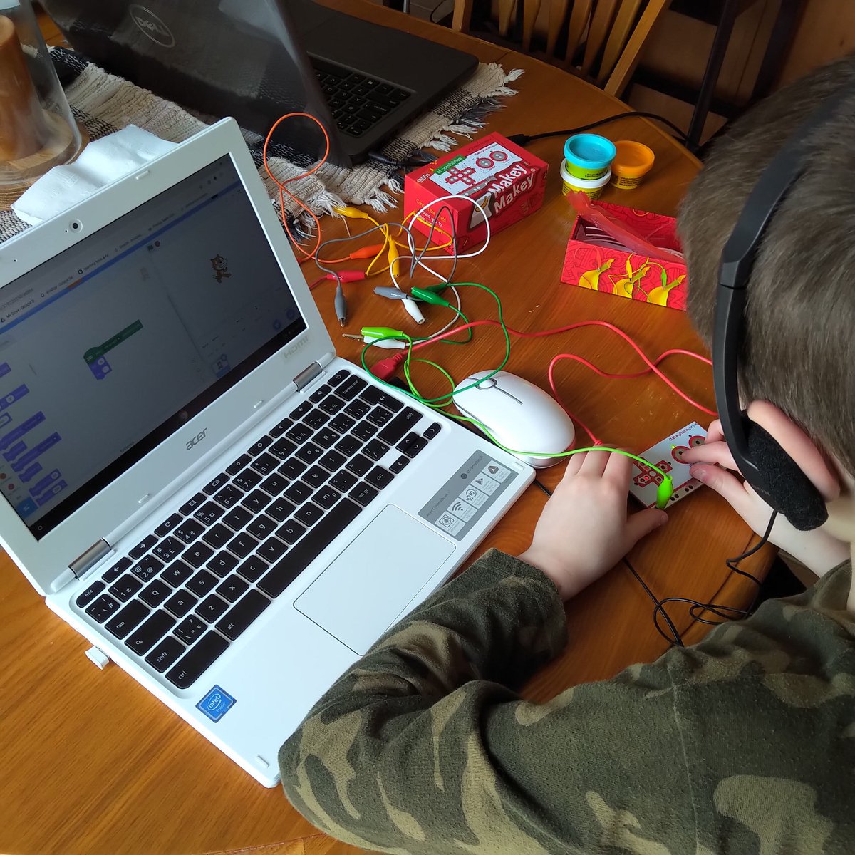 Mrsjoylibrary's tweet image. Hey @SawmillValleyPS friends! Today my oldest son, who loves to code with Scratch, had to challenge himself by incorporating his Makey Makey! Try Scratch at home! #STEM #codingwithscratch #homeschooling #inquiry #FUN