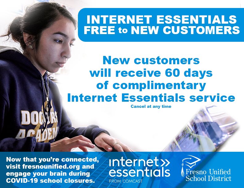 fresnounified's tweet image. Don’t have reliable internet access at home? @comcast is providing 60 days of free internet for new customers! Reach out to @comcast for more details.

Once you’re connected, make sure you’re exercising your brain with all the resources on our website!