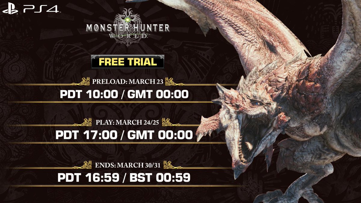 Monster Hunter on Twitter: "PS4 Free Trial of #MHWorld is now available for  pre-load for PlayStation Plus members! ⚔️ https://t.co/i3JCEVYqU5 🛡️ Start  your journey with Guardian Armor & Defender Weapons 📜 Play