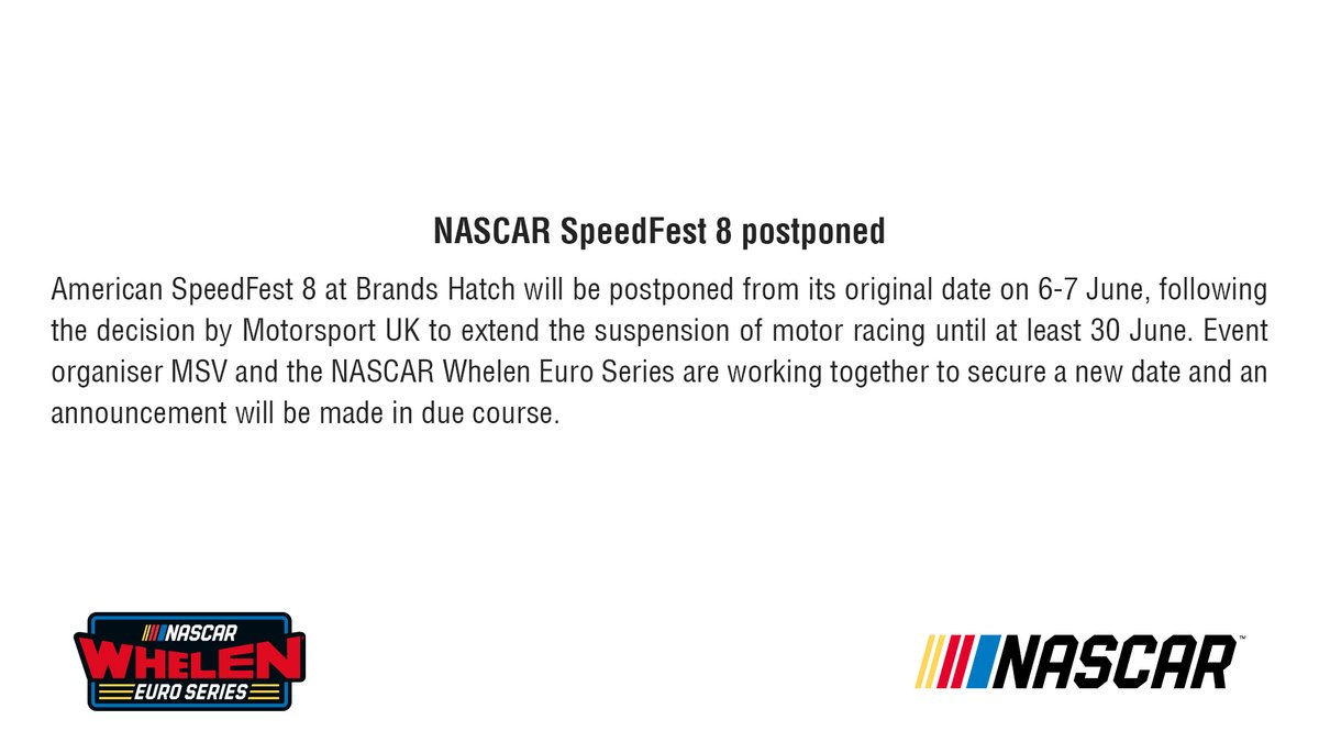 NASCAR SpeedFest 8 postponed

🇬🇧️🇺🇲 bit.ly/3drbpnk
🇫🇷 bit.ly/2QEFKoM
🇮🇹 bit.ly/2UMdGRR
🇩🇪 bit.ly/3bmawe4

<a href="/NASCAR/">NASCAR</a> | @NASCARRoots | <a href="/Brands_Hatch/">Brands Hatch</a> | <a href="/BrandsSpeedFest/">American SpeedFest</a> 

#NASCAR #EuroNASCAR #PureRacing #NWES
