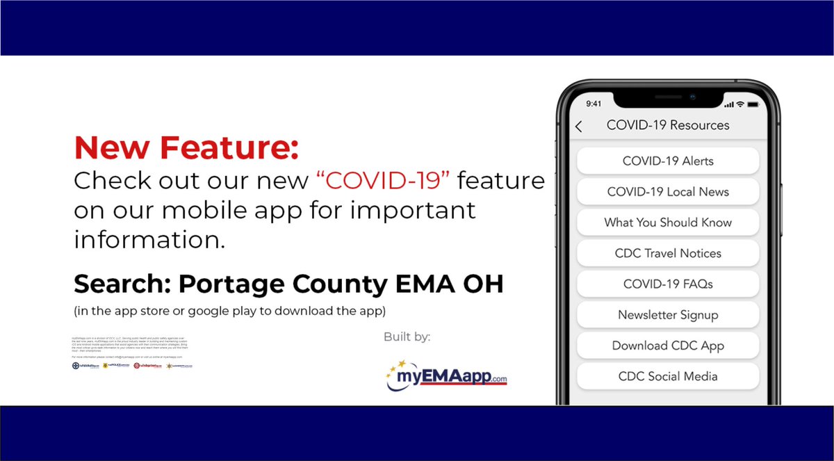 #PortageCountyOH EMA App is now available with a #COVID19 feature to plug you into the latest from the CDC and Portage County EMA. Free at the iPhone App Store and on Google+ for Androids. Download today. #PortagePrepares <a href="/portagesafety/">Portage County Safety Council</a> <a href="/KentOhioPolice/">Kent_Ohio_Police</a>