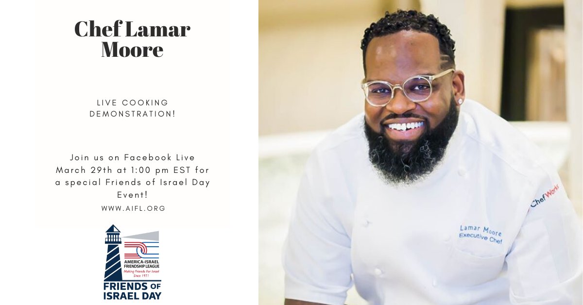 The_AIFL's tweet image. Doing anything on Sunday, March 29th at 1:00pm EST?  We're cooking an Israeli inspired dish LIVE w/ @LamarJMoore, who's been featured on @FoodNetwork and @BravoTV.  We're so excited to have him join us for our Friends of Israel Day celebration! #FOID2020

facebook.com/events/7966188…