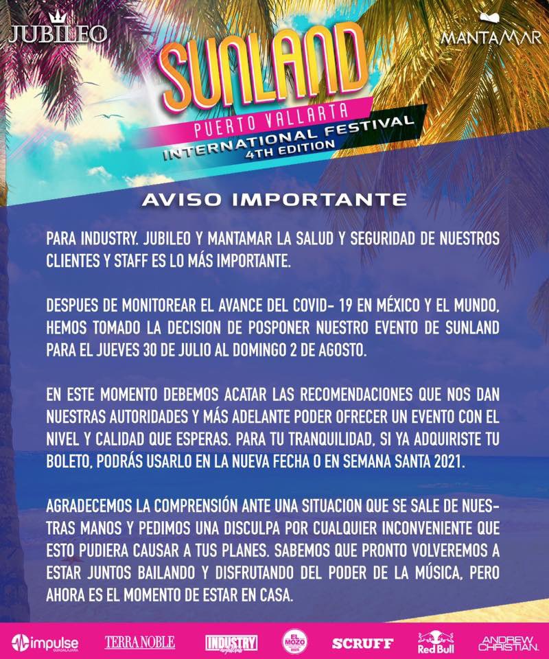 Sabemos que pronto volveremos a estar juntos bailando y disfrutando del poder de la música, pero ahora es el momento de ESTAR EN CASA❤️ #jubileoMX #Sunland