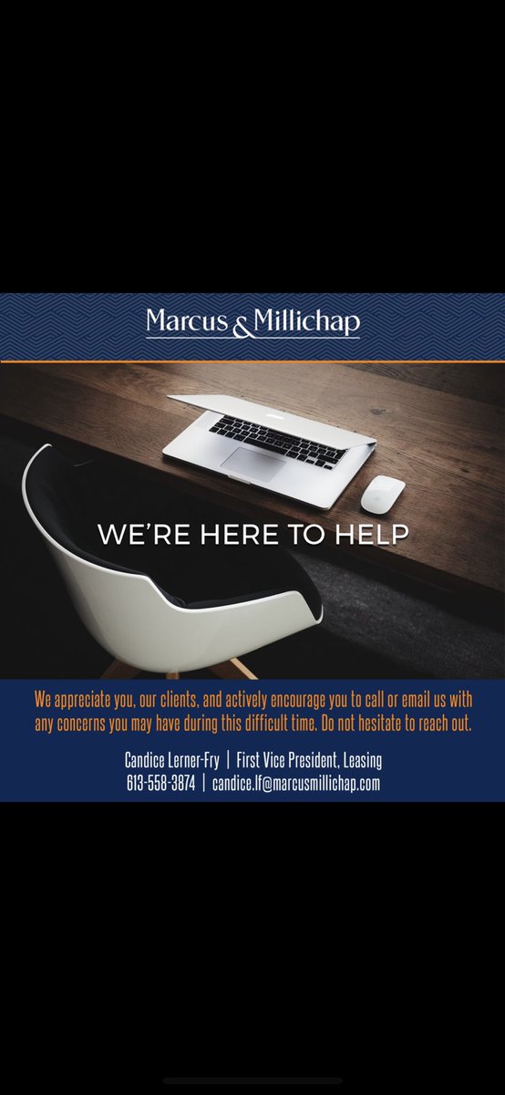 candice_lerner's tweet photo. Marcus and Millichap’s Retail Leasing Team understands the challenges that landlords and businesses are going through during the COVID-19 shutdown. We encourage you to call or email us with any concerns you might have during this difficult time. Do not hesitate to reach out https://t.co/FRIeUm57f9