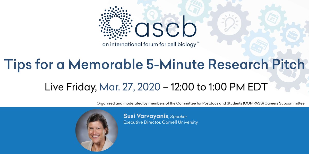 ASCBiology's tweet photo. Now is a good time to work on your research pitch. ASCB's next webinar features Susi Varvayanis, Executive Director Cornell University who will provide tips for an effective research pitch. Register now. IT'S FREE! 
https://t.co/2aWvf9AMSF https://t.co/Pc3qSLHCok
