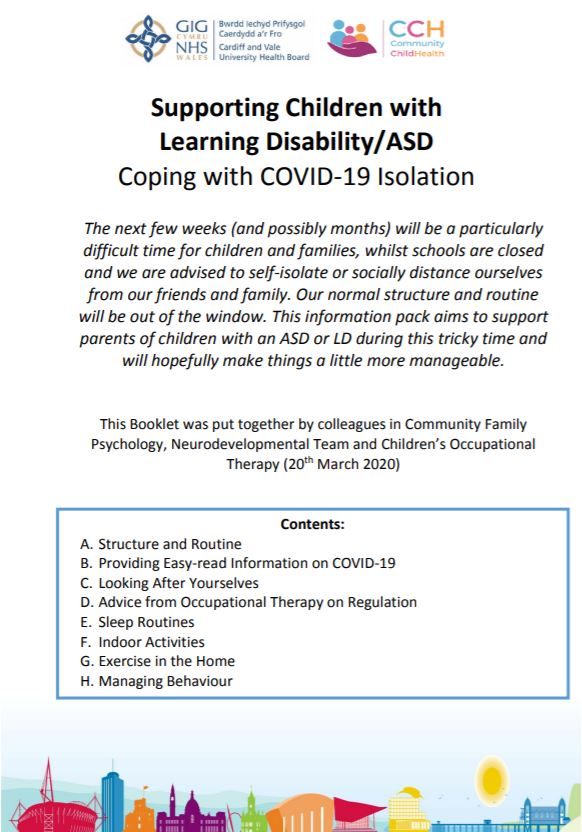 INFORMATION - Please see the following download from NHS Wales on 'Supporting children with learning disabilities - Coping with COVID19 Isolation' - Link here - bit.ly/39hT2y7