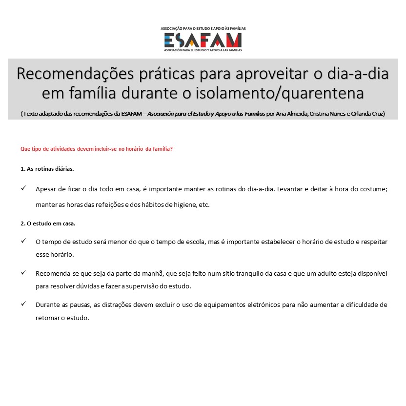 REUNIRmais's tweet photo. Recomendações práticas para aproveitar o dia-a-dia em família durante o isolamento/quarentena
#REUNIRmais #FPCEUP #ESAFAM #ficaemcasa #vamostodosficarbem https://t.co/hZlWR89q3a