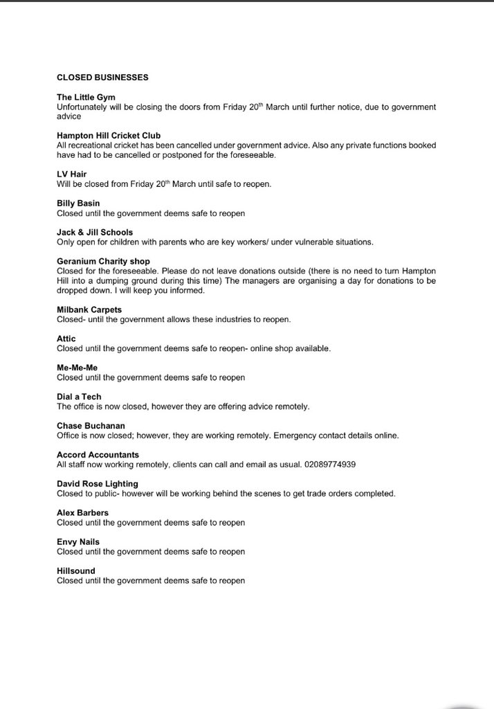 TCMHamptonHill's tweet photo. Updated list of Hampton Hill Businesses after yesterday’s announcement from @BorisJohnson thank you to all businesses that have updated me and good luck to all #covid19 #smallbusinesses #community #hamptonhill https://t.co/GPOz4RX65c