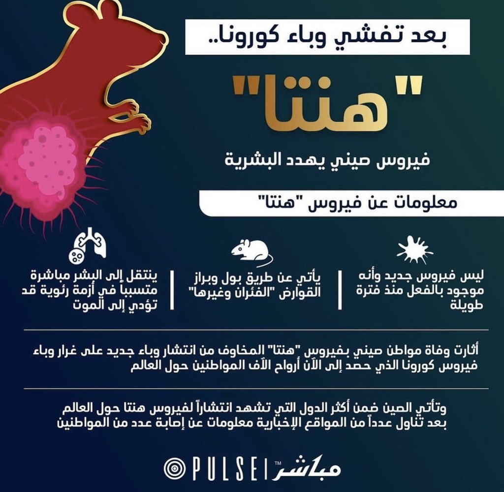مهيرة on X: بعد #كورونا .. #هنتا فيروس صيني يودي بحياة شخص في الصين ينتقل  عبر القوارض. الله يستر t.co1T1XTpRsGQ  X