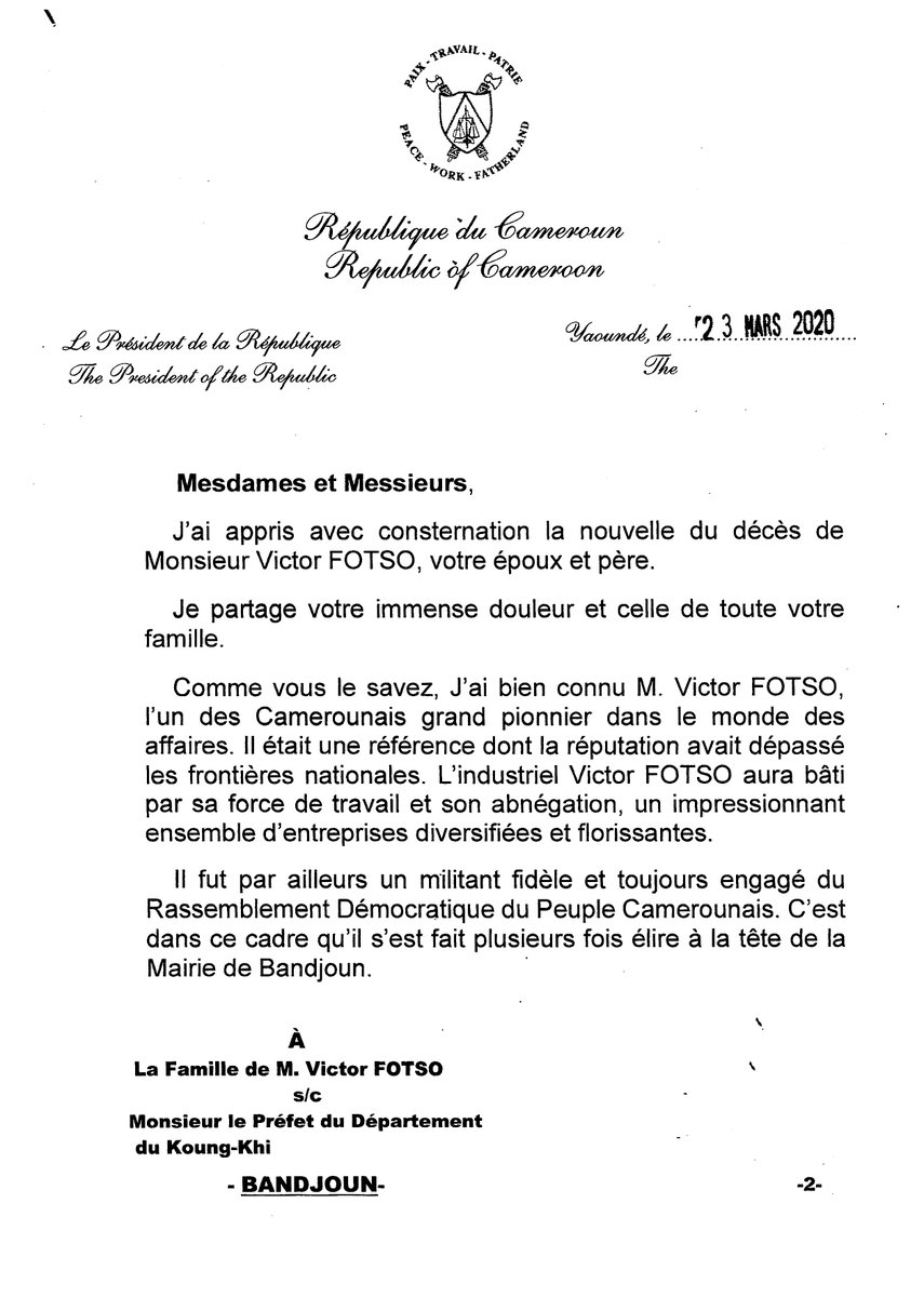 PR_Paul_BIYA's tweet photo. J'ai appris avec consternation la nouvelle du décès de Monsieur Victor FOTSO,
En cette douloureuse circonstance, je tiens à adresser à sa famille et à ses proches, mes sincères condoléances auxquelles j’associe la compassion émue de mon épouse.
#FotsoVictor
#PaulBiya
#Cameroun https://t.co/t4GGz1ZZOZ