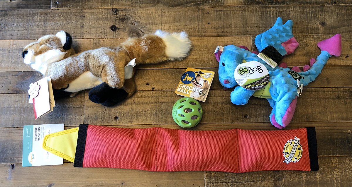 Our challengers,  @fluffandtuff Hendrix Fox,  @jwPetCo Crackle ball, @godogtoys blue dragon and  @ZippyPaws fire hose blaster.