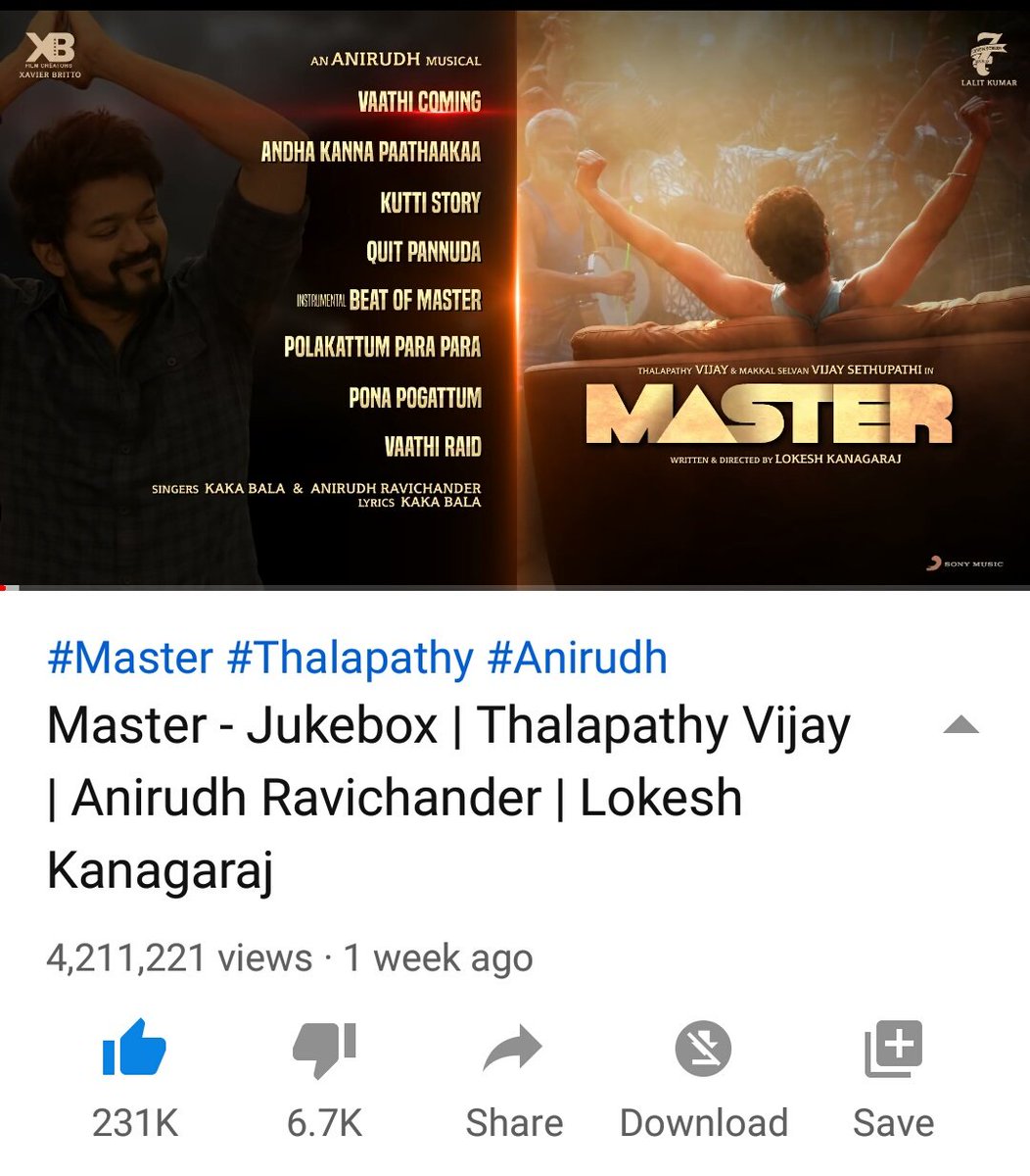 Rayyappan_Saran's tweet photo. #Master YouTube Records Alert

#KuttiStory 38.9M+V &amp; 1.5M+ L
#VaathiComing 19.2M+V &amp; 902K+L
#VaathiRaid 8.3M+V &amp; 590K+L
#AndhaKannaPaathaakaa 2.1M+V &amp; 261K+L
#thalapathyspeech 7.8M+V &amp; 311K+L
#mastertracklist 4.2M+V &amp; 231K+L

Life Time Settlement Da 💰💸
All BB Hits💪 @actorvijay https://t.co/dNMaaYOw5d