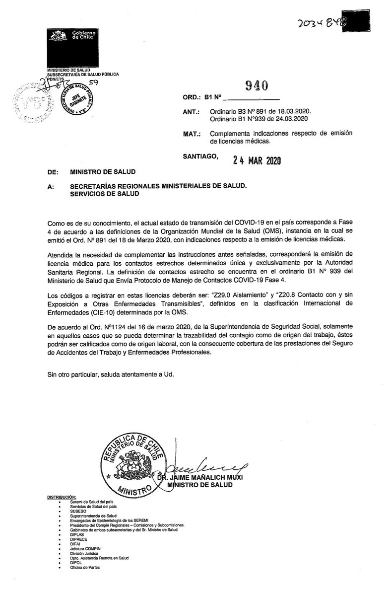 Valoramos nueva circular emitida por el <a href="/ministeriosalud/">Ministerio de Salud</a> que da cumplimiento al compromiso adquirido hoy en la Mesa Social #COVID19 que permite licencia médica a contactos estrechos de casos confirmados. Esto es fundamental para aislar a posibles nuevos casos y #aplanarlacurva 👏