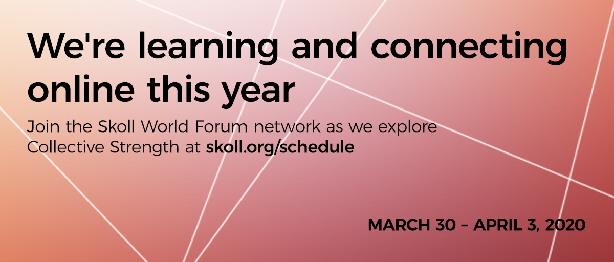 I’m joining 2020 Skoll Week as it goes virtual! Help us illustrate this year’s theme #CollectiveStrength, even as we’re practicing social distancing. Mark your calendars, sign up for an event, and see you there. #SkollGoesVirtual skoll.org/schedule