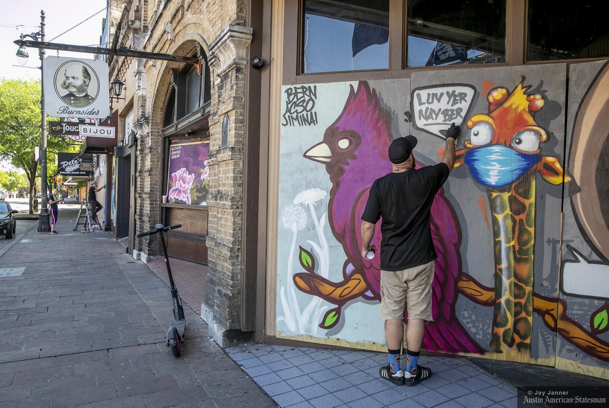 Artists share messages of hope on shuttered Sixth Street bars in Austin amid the coronavirus pandemic.  Photo gallery:   statesman.com/photogallery/T…