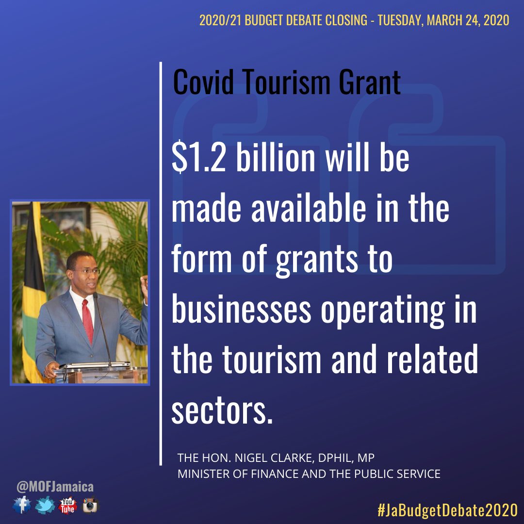 MOFJamaica's tweet photo. "In consultation with the Jamaica Hotel and Tourist Association we will establish the maximum grant that any one business can receive among other criteria." - @DrNigelClarkeJa #CAREprogramme @tourismja #JaBudgetDebate2020 @JamaicaGleaner @JamaicaObserver @rjrnews https://t.co/0FvUNHC4Ch