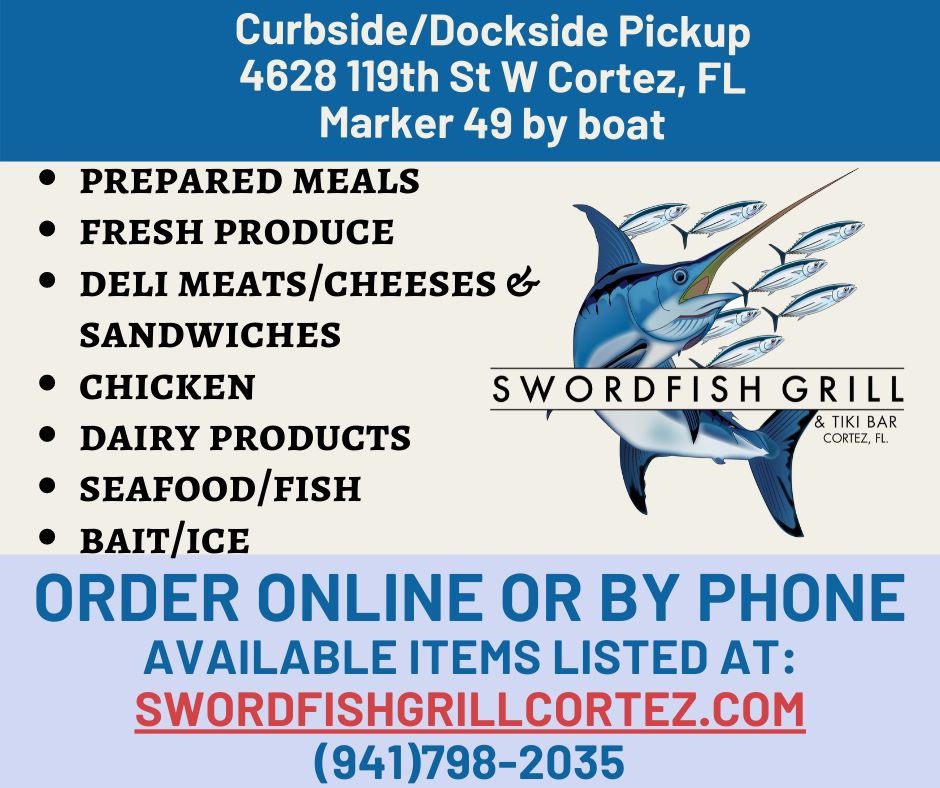 SwordfishGrill_'s tweet photo. Get your essentials right here without leaving the comfort of your own vehicle! Go to https://t.co/7P1pfG6hUC to see today's availability and to place your order online! You can call (941)798-2035 to place your order by phone, and also to alert us when you've arrived! https://t.co/xVlqGvGU2t