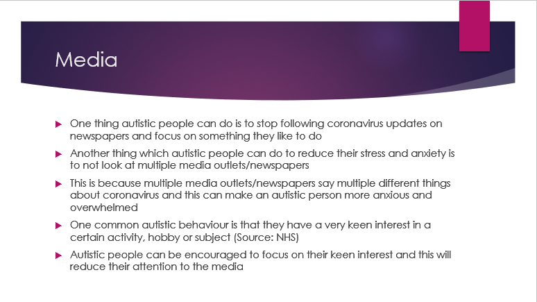cognus_autism's tweet photo. I have made a 6-slide PowerPoint presentation from my own #ActuallyAutistic perspective on how #autistic people can cope with the #coronavirus panic. I hope you find it useful.
@rebeccaduffus @Autism @NasSutton @AutismTalkAspie @CognusLimited @ReachoutASC 
#YouthTakeover https://t.co/KGoEnkpbxN