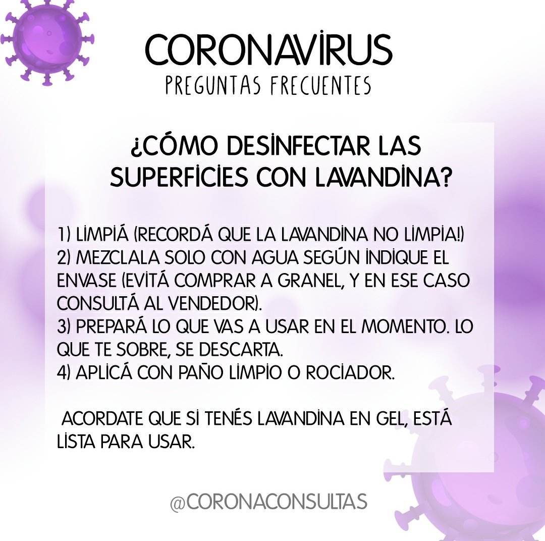 Lavandina: 
¿Para qué sirve?
¿Para que NO sirve?
¿Cómo desinfectar las superficies con lavandina?