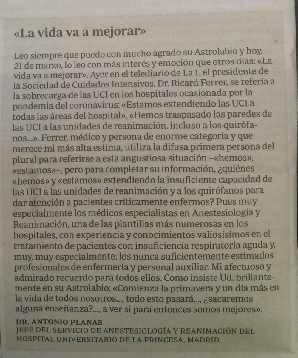 Artículo de opinión publicado en ABC: 'La vida va a mejorar', por el Dr. Antonio Planas, Secretario General de la SEDAR y Jefe de Servicio de Anestesiología y Reanimación del Hospital Universitario de la Princesa en Madrid.
