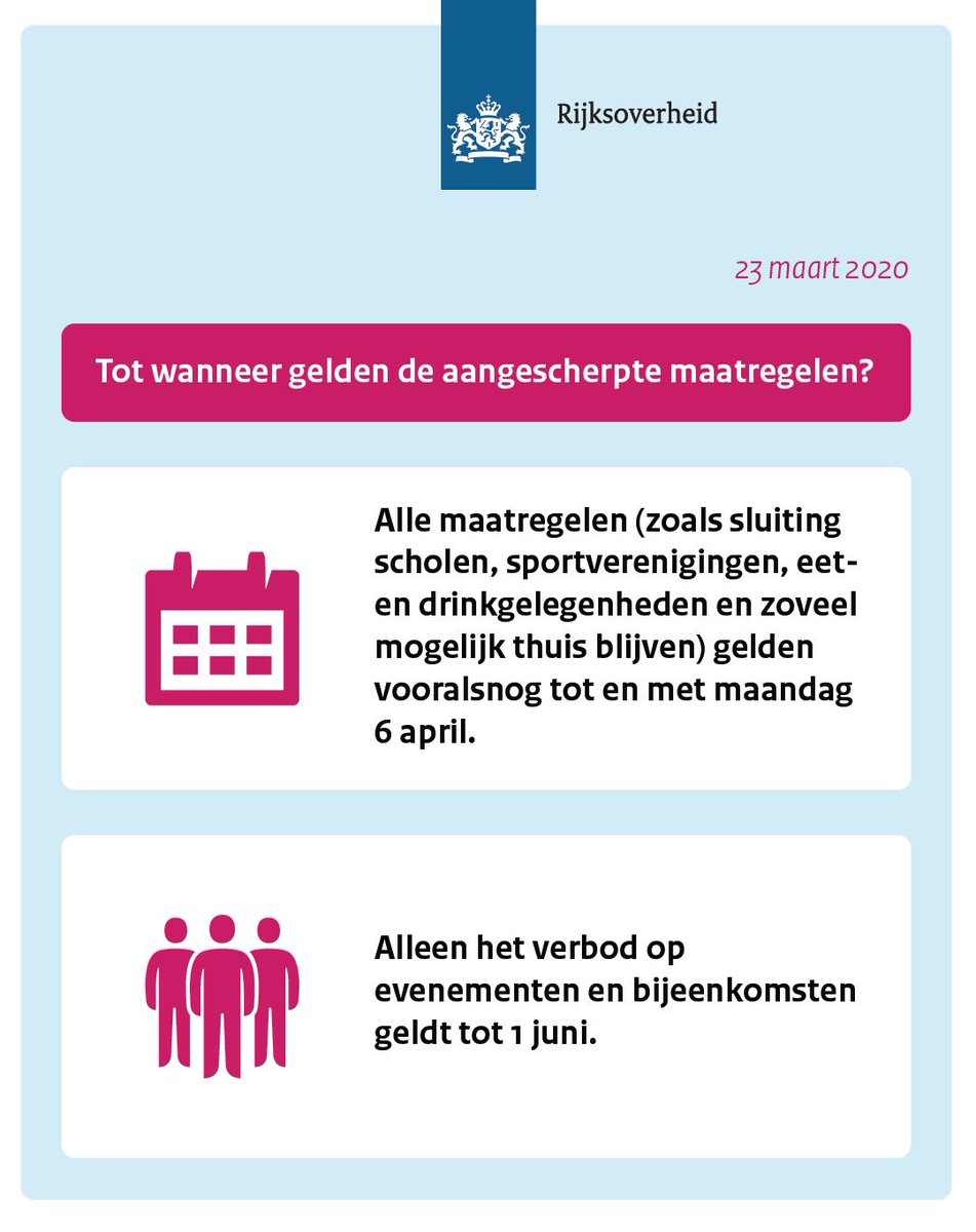 Gisteren kondigde het kabinet nieuwe en strengere maatregelen aan om verdere verspreiding van het #coronavirus tegen te gaan. Lees hier na wat dat - voor ons allemaal - betekent 👉🏻 rijksoverheid.nl/onderwerpen/co…