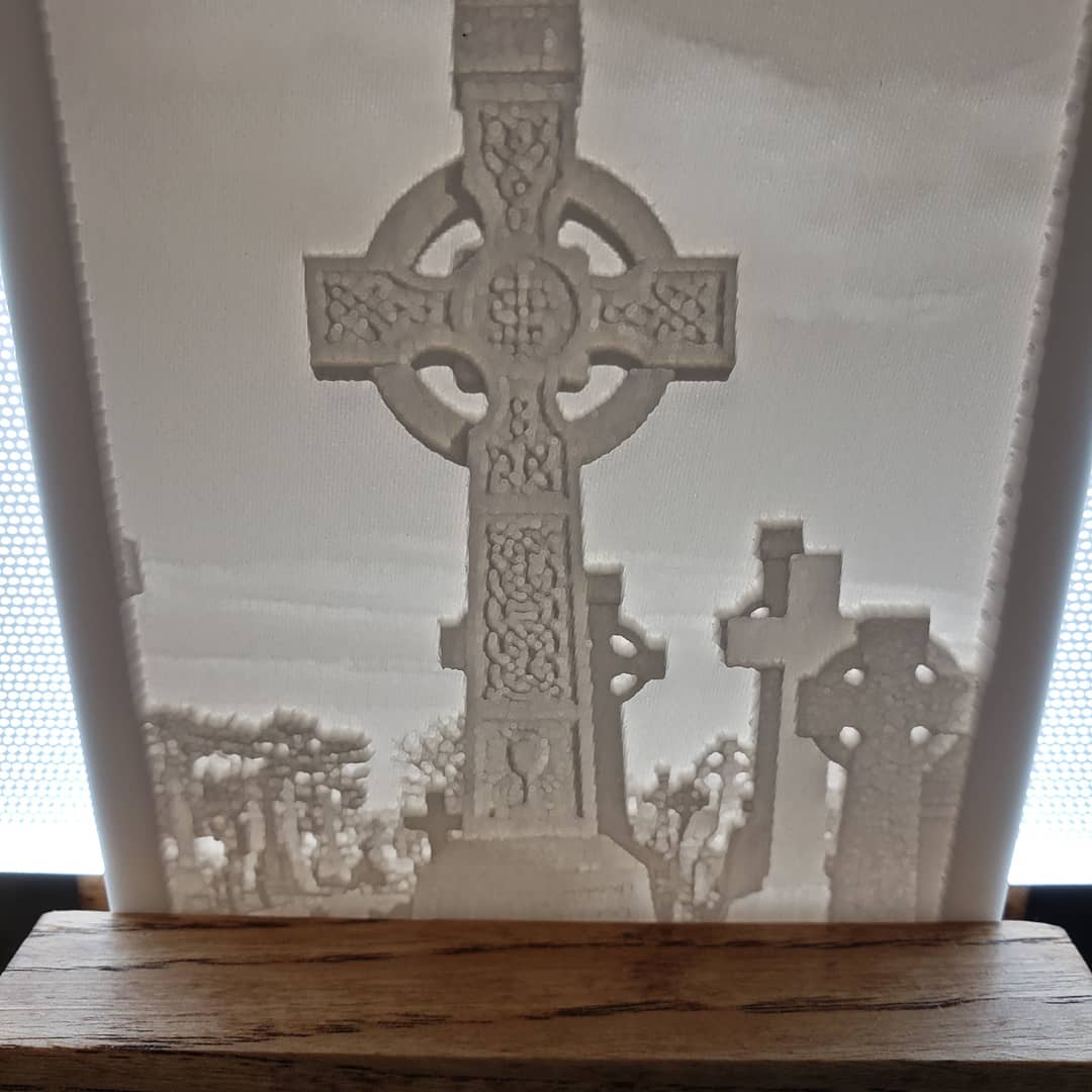 Evergraph1's tweet image. An Evergraph lithophane carved from a photo of travels in Ireland. My family searching for it's Celtic roots 🍀