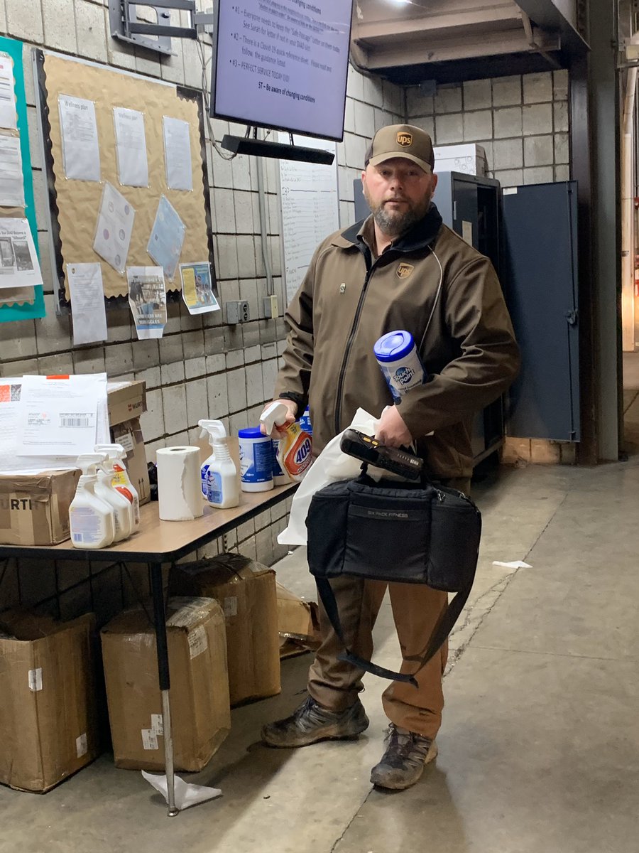 Package Car Driver, Travis Delp, ready to wipe down his tools and equipment before delivering critical items to his community! #UPSersAreThere <a href="/Gr8LakesUPSers/">Great Lakes UPSers</a>