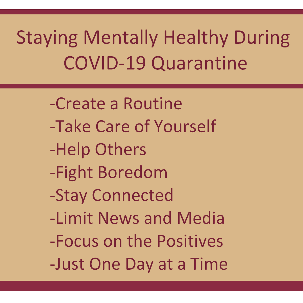 Maintaining your mental health while staying inside and social distancing can be difficult. Over the next two weeks we'll be posting regular tips covering ways to make sure that you can stay healthy and happy during these stressful times. #fsu #COVID19
