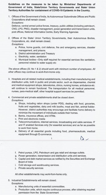 DDNational's tweet photo. PLEASE RETWEET -

Ministry of Home Affairs Guidelines for #21daysLockdown; Check out the list of essential services that will remain open

#CoronavirusLockdown #COVID19 #coronavirusindia  #StayHome #StayAtHomeSaveLives https://t.co/qt51KmO7zn
