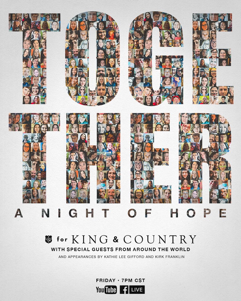 4kingandcountry's tweet photo. We’ve been working on something very special.. Join us in our respective homes as we sing and play split-screen for “TOGETHER: A Night of Hope.” We’ll also be FaceTiming and getting insights from friends @KathieLGifford &amp; @KirkFranklin, along with others around the world.... https://t.co/ZEKv1DwQWw
