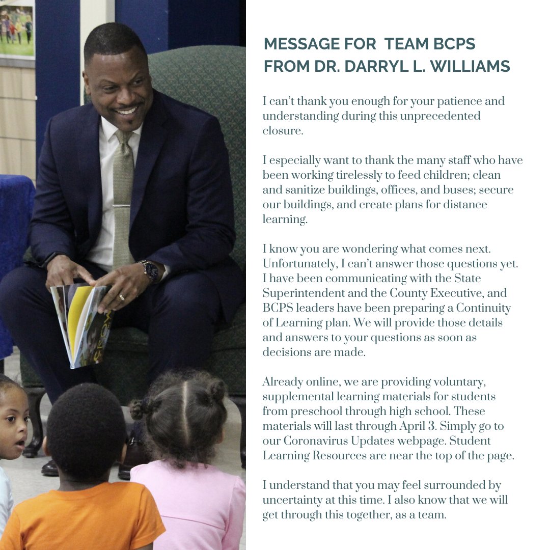 An update from @BCPS_Sup: I understand that you may feel surrounded by uncertainty at this time. I also know that we will get through this together, as a team. #TeamBCPS
