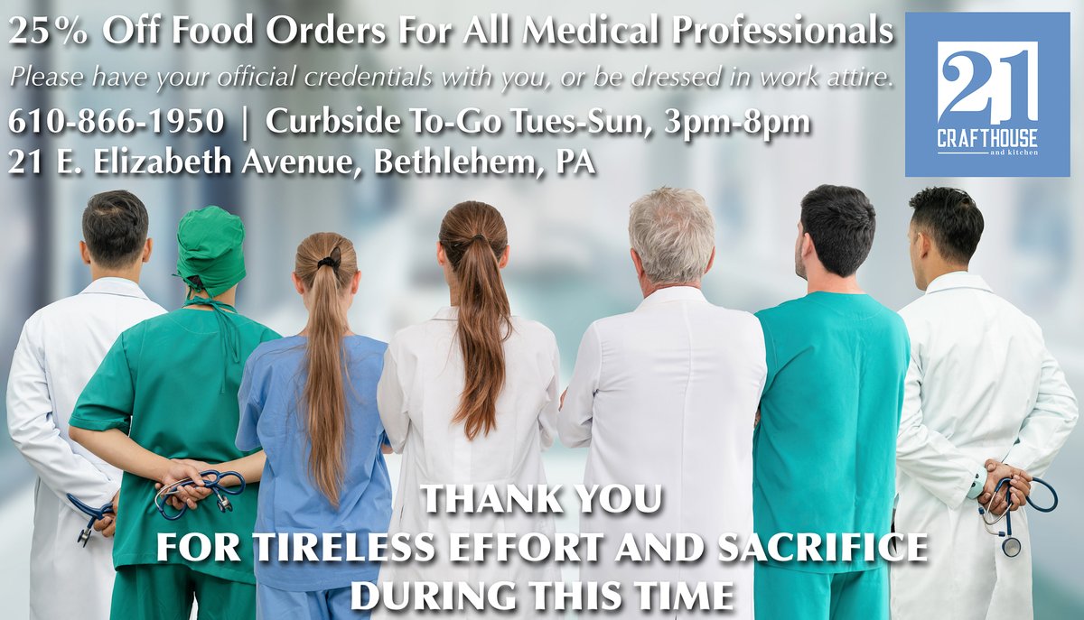 21crafthouse's tweet photo. .@LVHN
25% off takeout food orders for all medical professionals at 21 Crafthouse and Kitchen. Thank you for everything you are doing right now! #21togo #lvhn #21crafthouse #thankyou https://t.co/InkwHSpS84