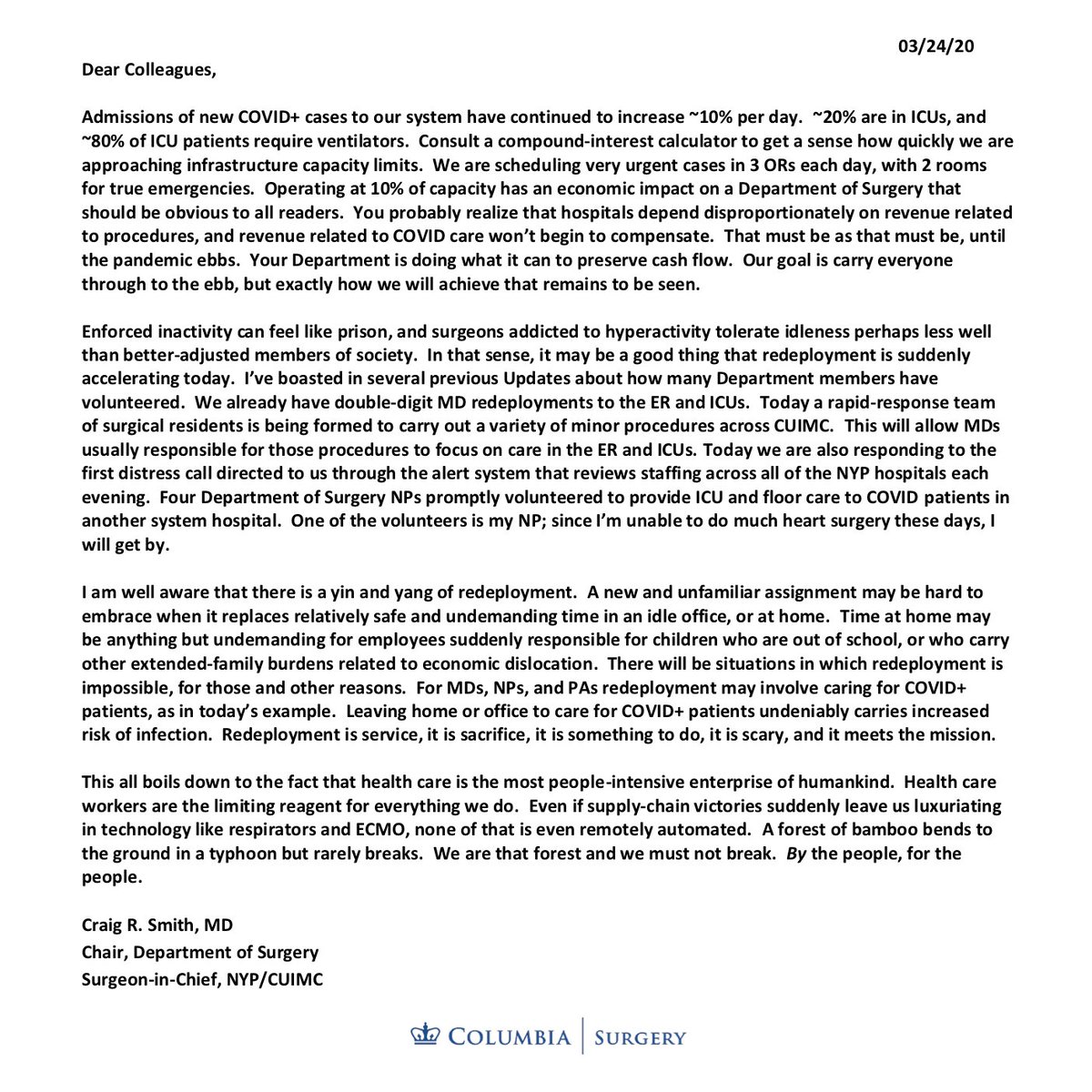 COVID-19 Update: Tuesday, 3/24/20Link to this  #COVID19 crisis update and previous letters from Dr. Smith:  https://columbiasurgery.org/news/covid-19-update-32420