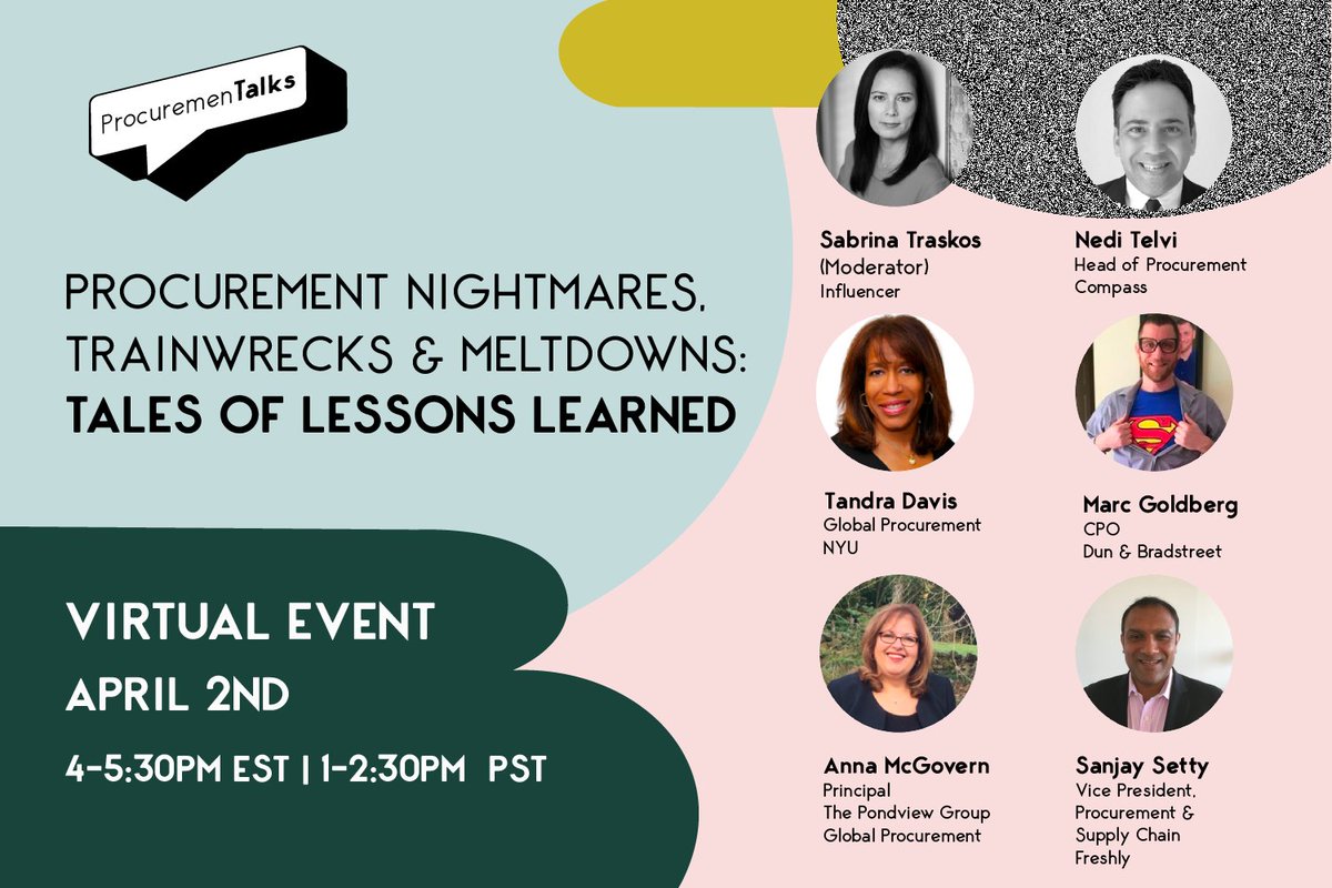 Interesting times, but the world goes on, let's do the same...meet our great panelist online as we forge ahead with the #ProcuremenTalk series - Virtual Edition!  

Thursday, April 2nd, 4-5:30pm EDT. 

Register now at lnkd.in/efsz83x.
