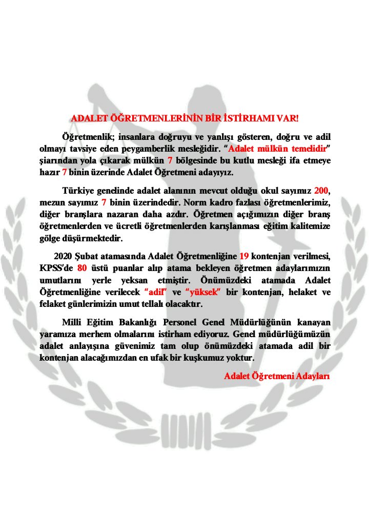 Talep ve isteklarimizin özeti olan mektubumuzu okumanızı istirham ediyoruz.

#AdaletÖğretmenleri

Sn. <a href="/ziyaselcuk/">Ziya Selçuk</a> 
Sn. @hmzaydg 
Sn. <a href="/tcmeb/">Millî Eğitim Bakanlığı</a> 
Sn. <a href="/mebpgm/">Personel Genel Müdürlüğü</a>