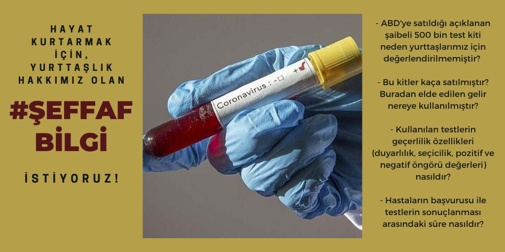 Yaşadığımız bölgede test&amp;vaka sayısı günlük olarak açıklanmalıdır.
-Hastanelerdeki test kitleri,
-Yoğun bakım üniteleri,
-İlaçlar,
-Koruyucu malzeme stoku
yeterli düzeyde midir?
-Karantina dahil hangi önlemler alınmaktadır?
Yurttaşlık Hakkımız olan #ŞeffafBilgi istiyoruz.